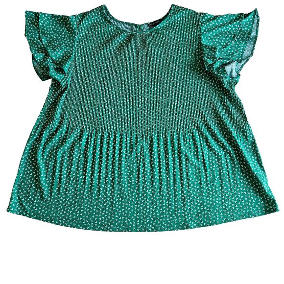 Adrianna Papell Tiered Flutter SS Green Ditsy Floral Print Top Plus Womens 2X - Picture 9 of 14